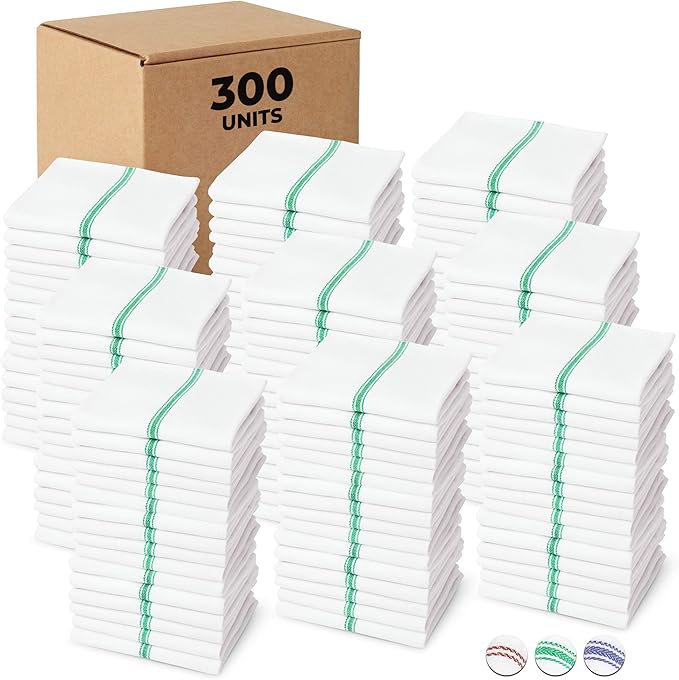 Bulk Economy Wholesale Kitchen Dish Towels (300 Towels) - 100% Cotton Herringbone - Commercial Grade - Bleach Resistant - Restaurant Bar Mops - 24 oz/dz - White with Green Stripes