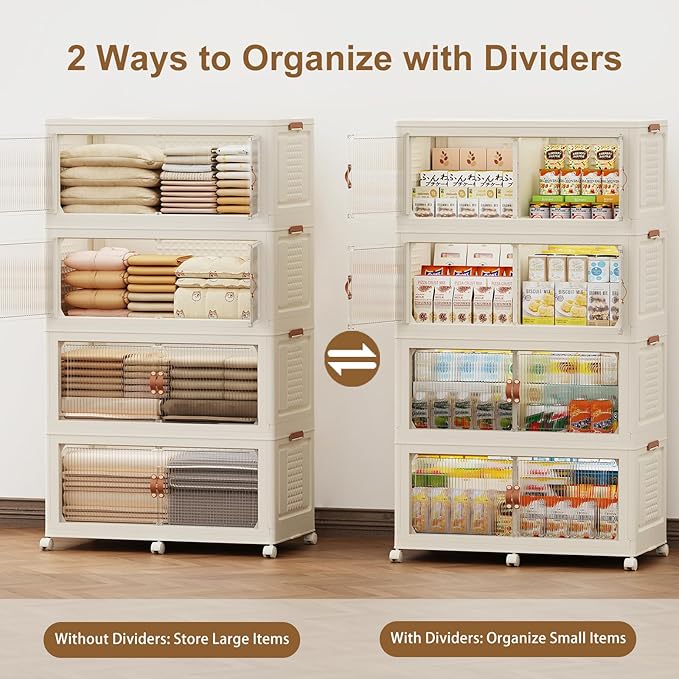SAILUN 193Gal/772Qt Stackable Storage Bins Folding Collapsible Storage Bins with Lid, Closet Organizers and Storage Box with Door Cream 33.5" W x 19" D x 69" H