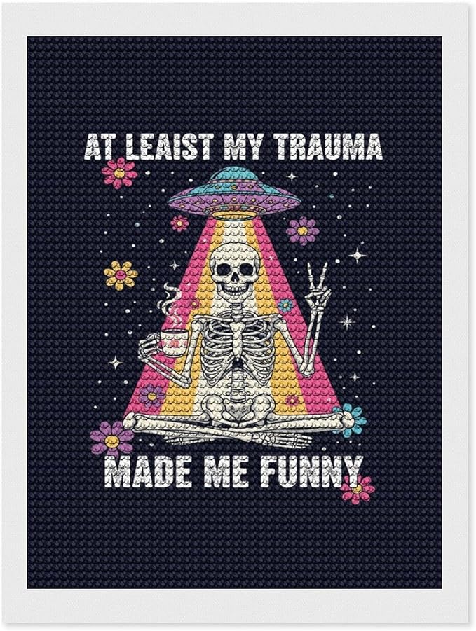 KIVJMSIDJA Diamond Art Kits for Adults Skull Skeleton “At Least My Trauma Made Me Funny” DIY Round Diamond Art for Home Wall Decor & Crafts Gifts 12"x16"