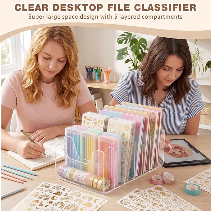 Wenqik Clear Acrylic Desktop File Organizer Vertical File Sorter 4mm Thick, Large Capacity Upright Magazine Organizer, Book Paper, Notebooks, Envelopes, Mail Holder(7 Section)