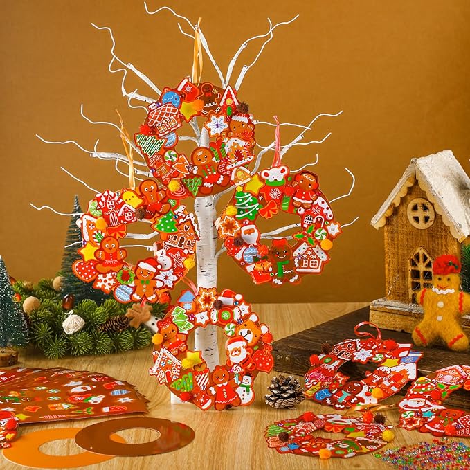 Hollowfly 48 Sets Christmas Wreath Craft Kits DIY Gingerbread Man Wreath Hanging Ornaments with Stickers for Christmas Xmas Party Supplies Favors Home Activities