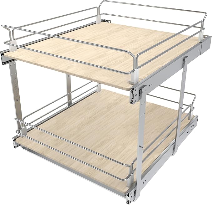2 Tier Pull Out Cabinet Organizer 20" W X 22" D, Slide Out Drawers For Kitchen Cabinets, Pull Out Drawers For Cabinets Capacity Heavy Duty Caddy, Cabinet Pullout Shelves Wood Chrome, Pantry Storage