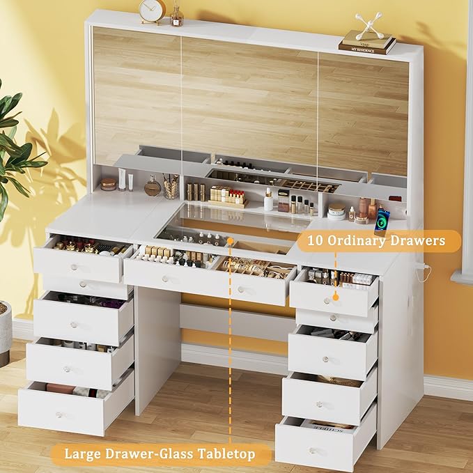 HUAHUU Vanity Desk with Mirror and Lights, 50" Makeup Vanity with Glass Top & Power Outlet, White Vanity with 11 Drawers & 8 Hidden Storage Shelves, 3 LED Lighting Modes Adjustable for Bedroom