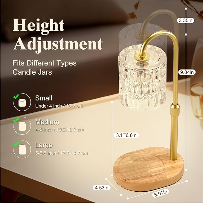Dreamholder Electric Candle Warmer Lamp with Timer & Dimmer, Adjustable Height Wax Melt Warmer for Jar Candles, Wood Base Candle Melter, Floral Home Decor Gifts for Women, Mom, Natural Wood