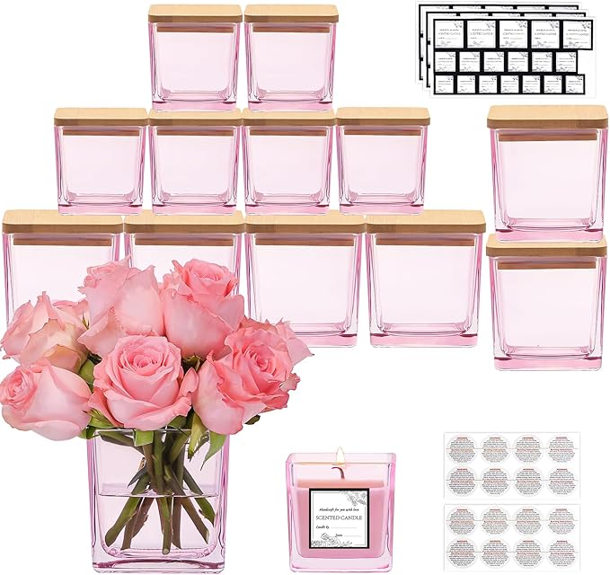 CONNOO 12 Pack 9oz, 3oz Pink Square Candle Jars for Making Candles, Thick Glass Bulk Empty Candle Containers with Airtight Bamboo Lids for Candle Making, Sticky Warning Labels - Dishwasher Safe