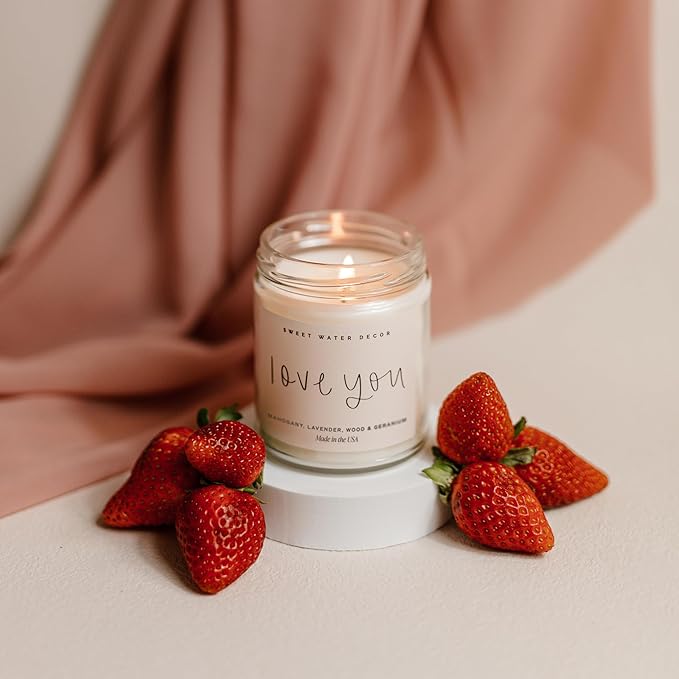 Sweet Water Decor Love You Scented Candle, Non Toxic Soy Candles with Fresh Lavender, Geranium, Warm Mahogany and Earthy Teakwood, 40 Hour Burn Time, 9Oz Gold Lid Clear Jar Candle, Poured in The USA