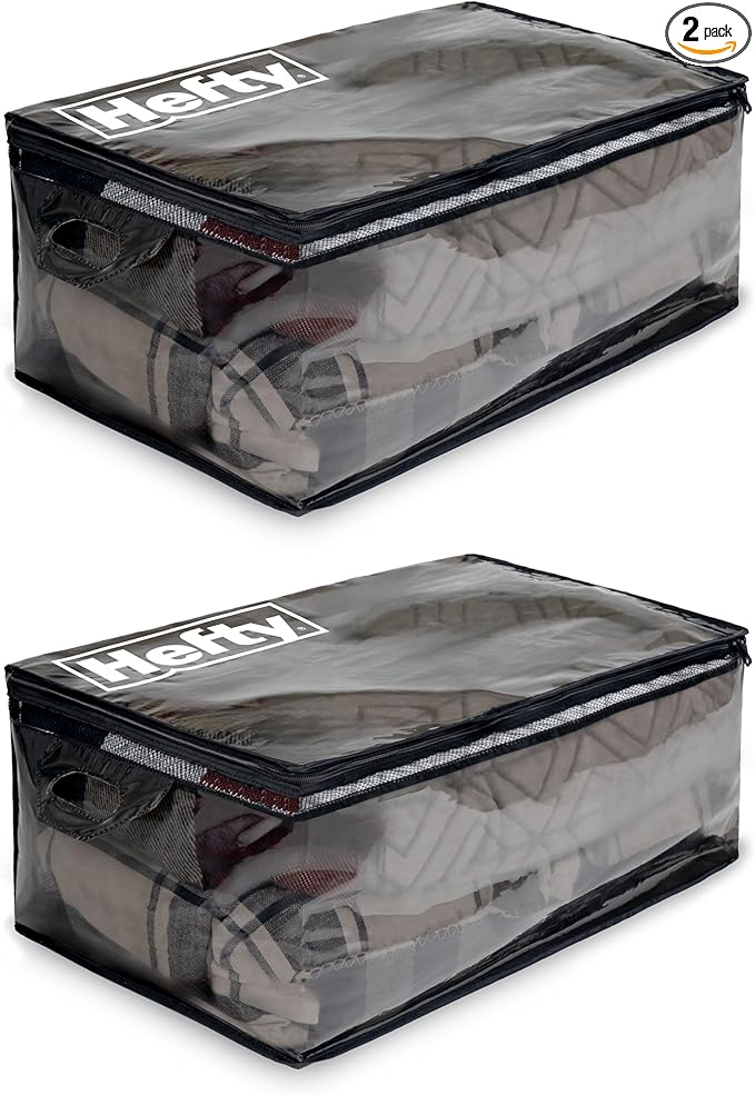 Hefty Storage Bags Extra Large Double Zipper Backpack, Heavy Duty Water Resistant Moving Totes with Shoulder Straps, Foldable Reusable Packing Organizers, 2 Pack (X-Large Black)