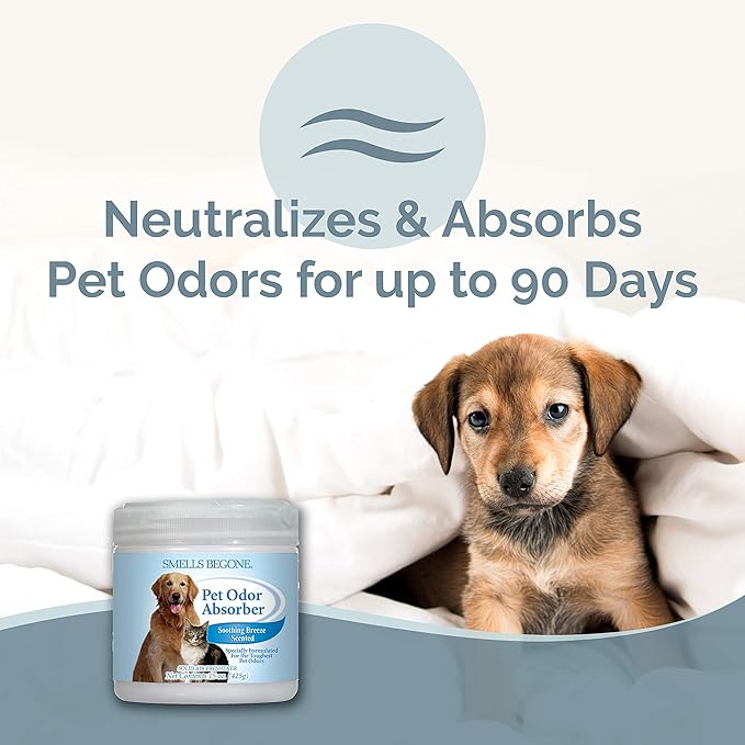 SMELLS BEGONE 15oz Gel Pet Odor Eliminator - Absorb & Remove Strong Odors from Pets, Cat Litter, Dog Poop, Urine Smells - Eliminate Whole Home Odors with Essential Oils (2-Pack, Pet Soothing Breeze)