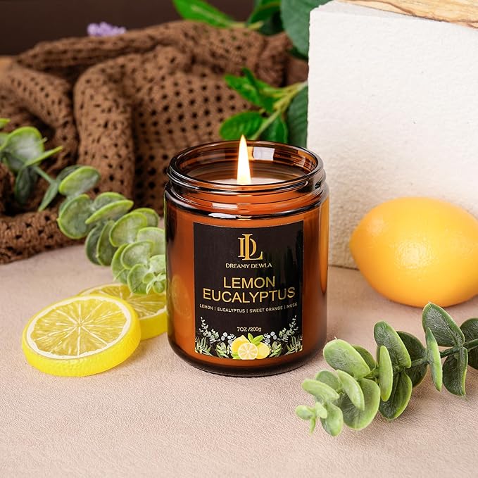 Lemon Eucalyptus Scented Candle, Soy Candles for Home Scented, Amber Jar Candles Gifts for Men Women, 7oz