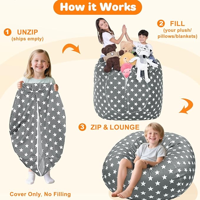 Lukeight Stuffed Animals Storage Bean Bag Chair Cover Only (Ships Empty, No Filling) - Velvet YKK Zipper Beanbag Cover for Toddlers and Kids, Washable Plush Toy Organizer, Large 27" D x 16" H