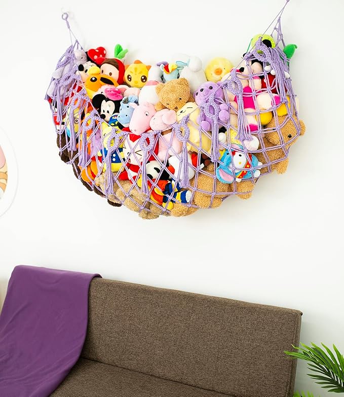 Stuffed Animal Net or Hammock for Flat Wall Hanging Net for Stuffed Animal Storage Handmade Macrame Plush Toy Hammock(Purple)