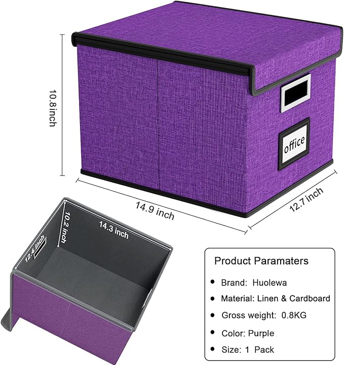 Huolewa File Organizer Box with Lid, Collapsible File Folder Organizer for Office Document Storage, Filing Box with Plastic Slide for Letter Size Hanging File Folders(1 Pack, Purple)