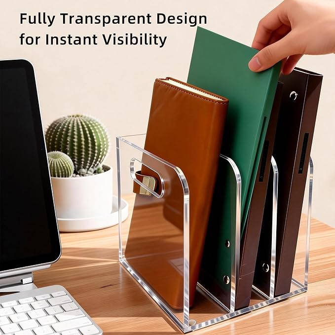 Acrylic Magazine File Holder, 3 Vertical Compartments Desk Document Sorter Organizer, Clear Folder Rack Binder for Office/Documents/Classroom, for Home, Tablet, Magazines, Books & Accessories