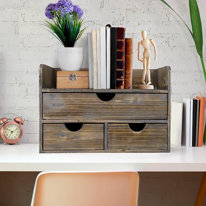 Besti Wooden Office Desk Organizer - Organizing Tool for Desktop, Cubicle, Bedroom, Kitchen - Vintage Style Organization Caddy with Top Tray Shelf & 3 Drawers - 13.6x9x7 Inches (Rustic)