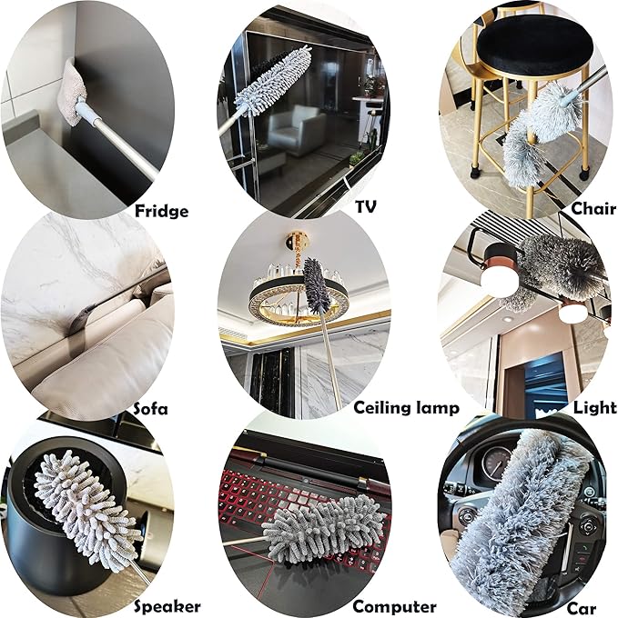5-in-1 Microfiber Duster with Extension Pole (30-100") Kit for High Ceiling, Fan, Cobweb, Blind & Furniture, Bendable Washable Heads, Reusable Dusters for Cleaning
