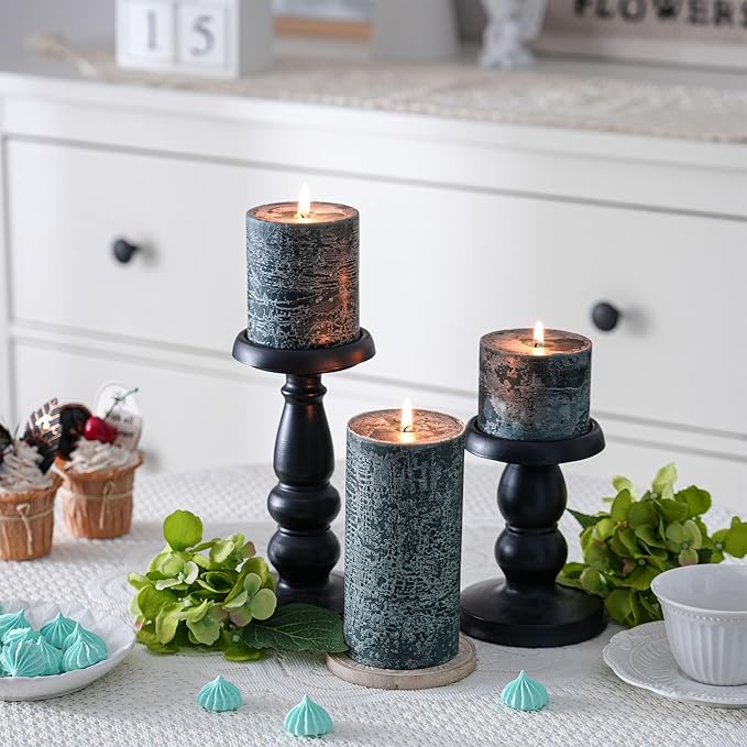 3x3 Inch Dark Green Pillar Candles Set of 3 - Hand-Poured Unscented Candles, Long Clean Burning, Dusty Sage Candle, Smokeless Dripless Candle for Dinner Table, Wedding, Home, Rustic Decor