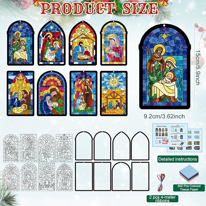 Tinlade 32 Set Winter Nativity Scene Suncatchers Craft Kit DIY Christian Suncatcher Crafts with Tissue Paper Religious Arts Projects Window Stained Glass Hanging Ornaments Winter School Activities
