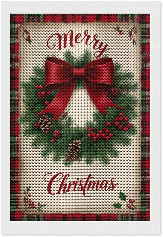 AIVKIEJK Diamond Painting Kits for Adults - Merry Christmas Red Bow & Pine Cones Painting DIY 5D Full Drill Diamond Dots Paintings with Diamonds Gem Art and Crafts Home Decor 8"x12"