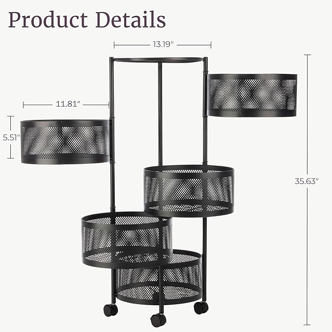 Home-Complete Kitchen Storage Rolling Cart with Wheels - 5 Tier Rotating Fruit and Vegetable Baskets for Kitchen Organization and Storage - Metal Cart for Pantry, Bathroom, or Craft Room (Black)