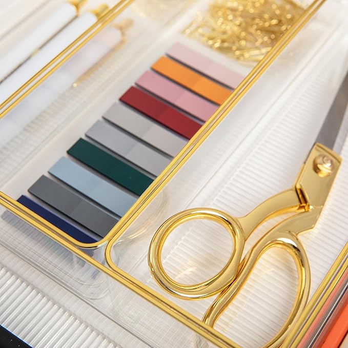 Martha Stewart Kerry Plastic Stackable Office Desk Drawer Organizers, 12" x 3", 6 Pack, with Gold Trim