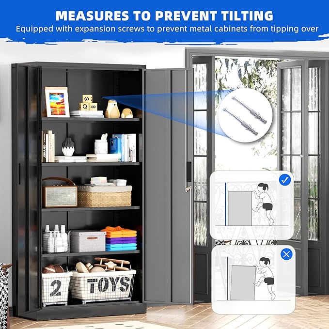 Superday Metal Storage Cabinet, 72" Garage Storage Cabinets with Lock, Black Metal Cabinet with 2 Doors and 4 Adjustable Shelves for Home Office, Classroom, File, Easy Assemble
