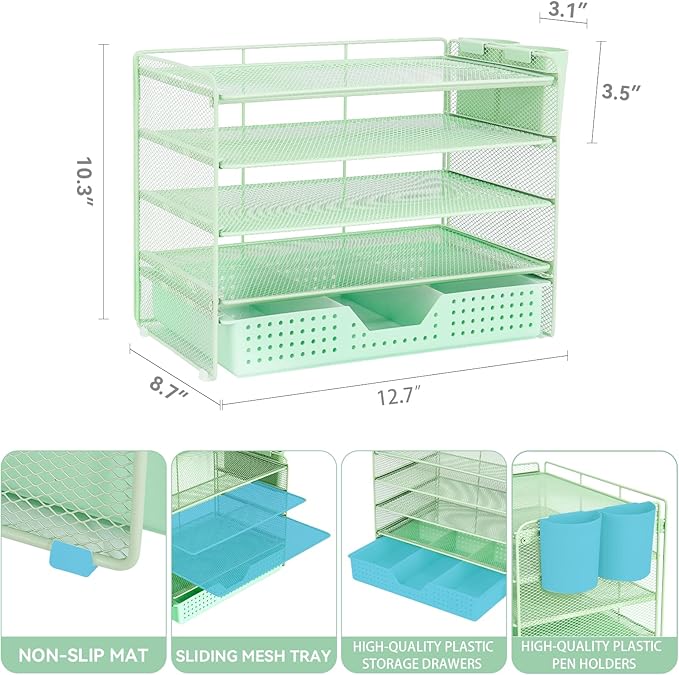 LEKETREE Desk Organizers and Accessories, 5-Tier Paper Letter Tray Organizer with Drawer & 2 Pen Holders, Desktop Organizer for Office Supplies (Green)