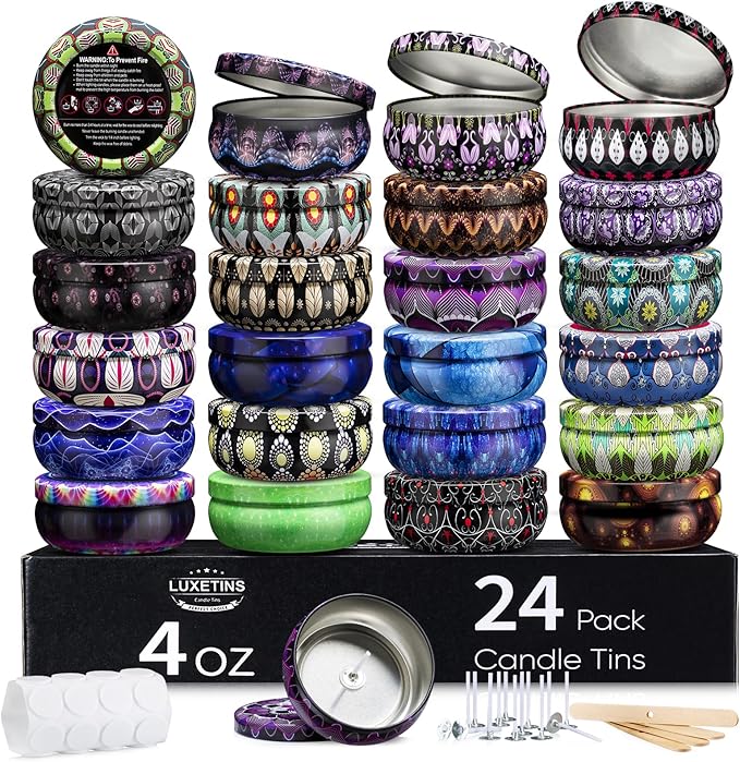 Luxetins 24 Pack Empty Candle Tins, 24 Designs Metal Tins,Candle Containers with Lids,Bulk Candle Jars,Wicks, Stickers, Wicks Holder for DIY Candle Crafting Small Businesses(4OZ×24PCS)