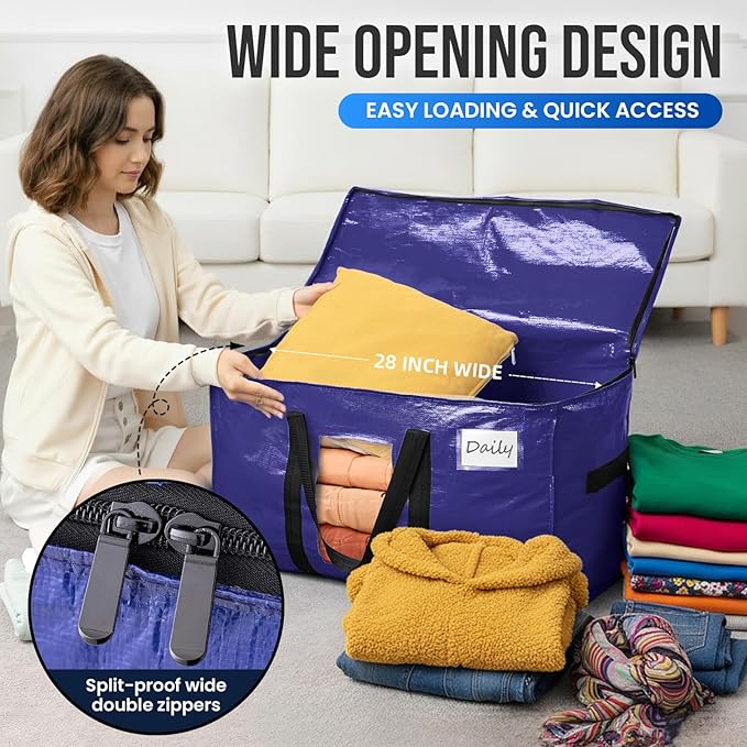 TAILI 6 Pack Dark Blue Extra Large Storage Bags, Heavy Duty Totes with Visible Window, Wrap Around Handles, Perfect for Moving