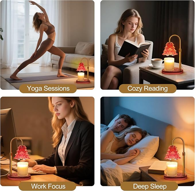 Christmas Tree Shaped Candle Warmer Lamp with Timer & Dimmer – Adjustable Wax Melt Lamp for Jar Candles, Home Decor Accent for Women – 2 Bulbs, Flame-Free & No-Smoke Use (Burgundy)