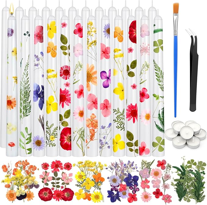 MTLEE 30 Pack Pressed Flower Candles Making Kit 6 Set Dried Pressed Flowers 12 White Taper 10 White Tealight Candles with Tweezers Brush for DIY Crafts Birthday Wedding Party Favors