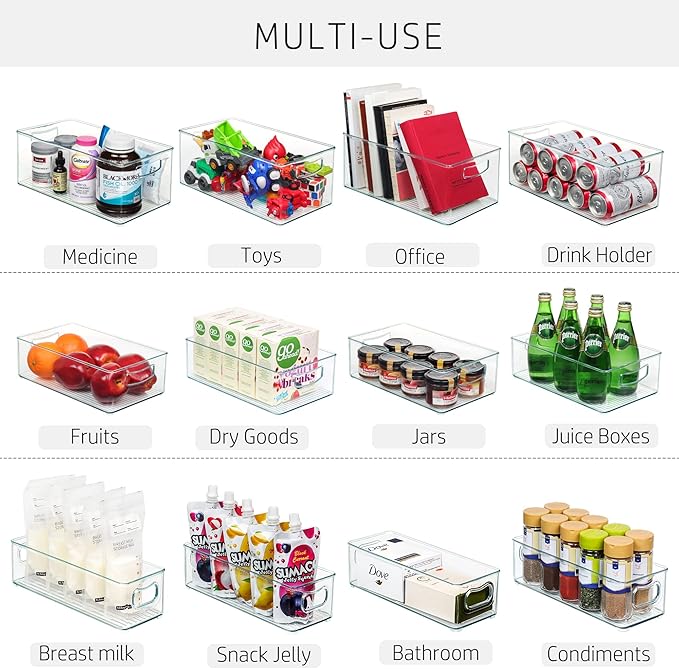 Hudgan 8 PACK Freezer Organizer Bins Stackable Pantry Organizers and Storage Clear Plastic Acrylic Storage Container for Kitchen Pantry Refrigerator