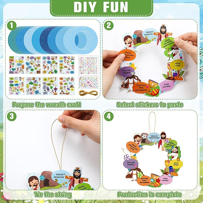 Hollowfly 48 Sets Religious Wreath Craft Kit Bulk Holy Week Wreath Crafts Kit Religious Jesus Ornaments DIY Paper Jesus Craft Decorations with Stickers for Christian Party Activities