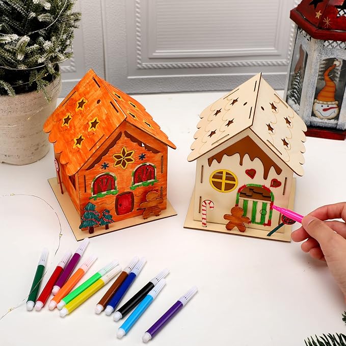 Spiareal 6 Sets DIY Wooden Christmas Gingerbread House Kit with LED Flameless Candles Watercolor Pens Christmas Crafts Wooden Houses to Paint Xmas Tree Ornaments for Fun Activity Art Project