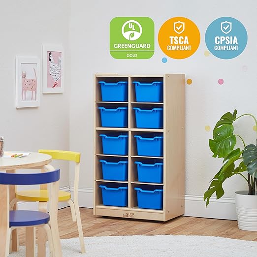 ECR4Kids 10 Cubby Mobile Tray Cabinet and 10 Scoop Front Bins, 5x2, Kids Furniture, Blue