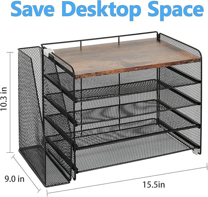 OPNICE Desk Organizer, 5-Tier Paper Organizer Letter Tray with Magazine Holder, Office Desk Accessories & Workspace Organizers, Desktop File Organizer for Office Supplies Storage, Wood