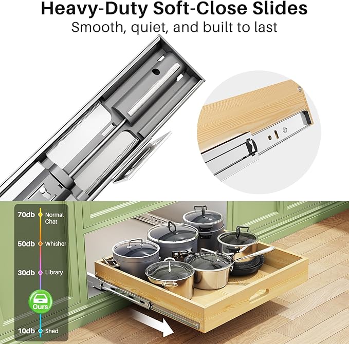 Pull Out Cabinet Organizer, Soft Close Wooden Slide Out Drawers for Pots and Pans, Full-extension Roll Out Shelves for Kitchen Cabinets, Pantry Organization, Bottom & Side Mount( 21"W X 21"D x 3.4''H)