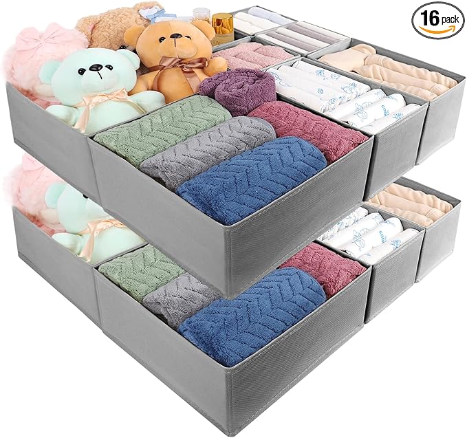 Drawer Organizer Clothes, 16 Pack Dresser Organizer Bins, Foldable Closet Organizers and Storage Fabric Dresser Bins, Shallow Drawer Dividers for Clothing, Underwears, Socks, Tie