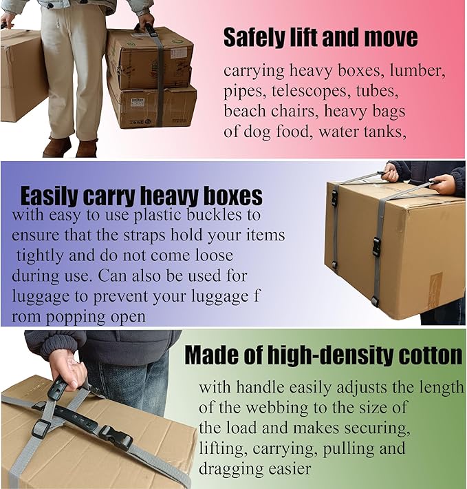 Moving Straps Carry Strap Lifting with Handle for 1 or 2 Mover | Adjustable and Strong | for Easy, Safe, Secure Carrying Boxes,Tent,Luggage,Beach Chairs,Book,Hand Shoulder Back,Grey,Up to 100 LBS