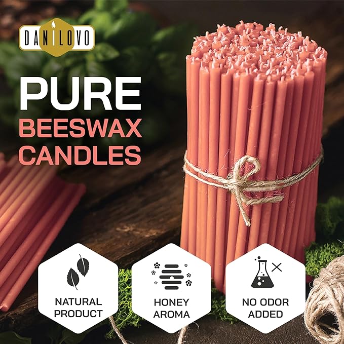 Danilovo Thin Taper Beeswax Candles - Honey-Scented, Decorative Candles Ideal for Birthday Decoration or Church Prayers - Pink Drip Free, Tall & Smokeless Pack of 50 pcs, 7.3 x 0.24 inch
