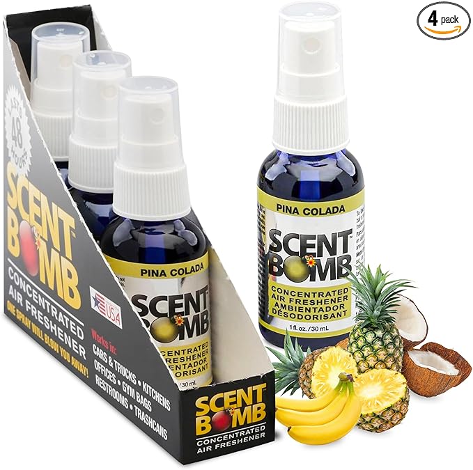 Scent Bomb Air Freshener Spray, Long-Lasting Odor Eliminator - Effective Deodorizer for Home & Car, Fresh Room Spray for Kitchen, Bathroom & Smell Neutralizer - 1 oz Pack of 4, Pina Colada Scent