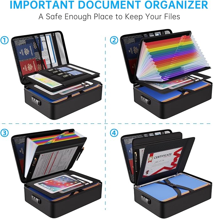 ENGPOW 5200℉ Soft Case Fireproof Document Box with Lock,Fireproof Box with 25 Colorful Pocket Accordion File Folder,Fireproof Water Resistant Safe File Organizer Storage for Important Documents