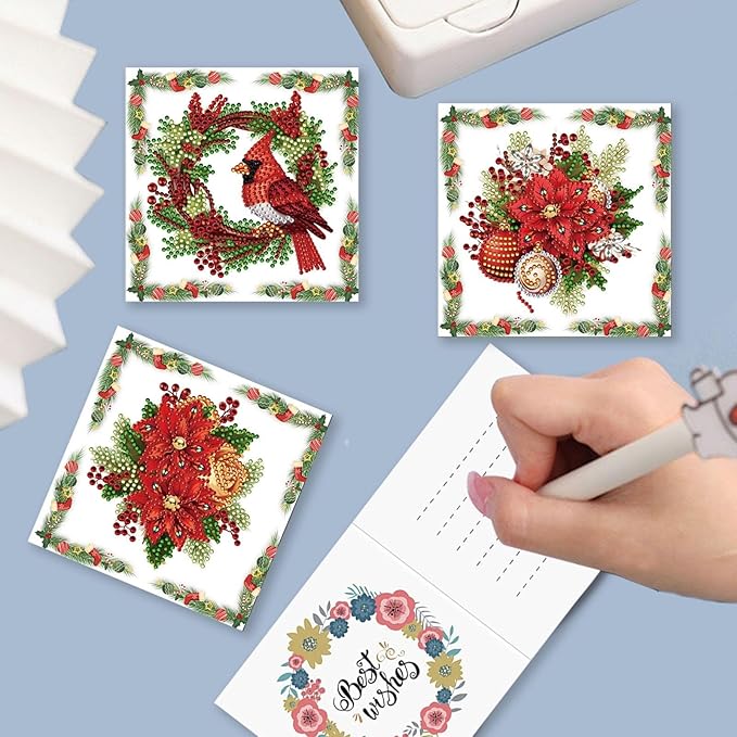 DIY Diamond Art Christmas Greeting Card, Diamond Art Christmas Greeting Card, Christmas Cards, Handmade Christmas Card Making Kits for Family & Friends-Christmas Poinsettia