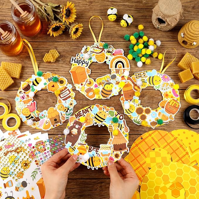 Hollowfly 48 Sets Bee Wreath Crafts Kits DIY Honey Bee Wreath Hanging Ornaments Make Your Own Paper Honeybee Craft with Sunflower Honey Flower Stickers for Summer Home Party Favors Activities
