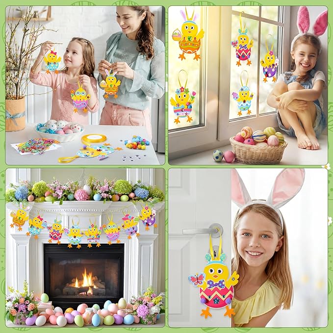 Funrous 48 Sets Easter Crafts Kit Easter Egg Chick Paper Crafts DIY Make Your Own Chick Hanging Ornaments Decorations with Pompoms Diamond Stickers Spring Classroom Activity Arts Gifts Party Favors
