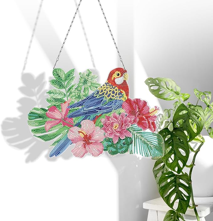 Parrot Diamond Art Hanging Signs with LED Light String DIY 5D Bird and Flowers Diamond Art Painting Wreath Hanging Pendant Special Shaped Gem by Number Mosaic Kits for Garden Front Door Spring Decor