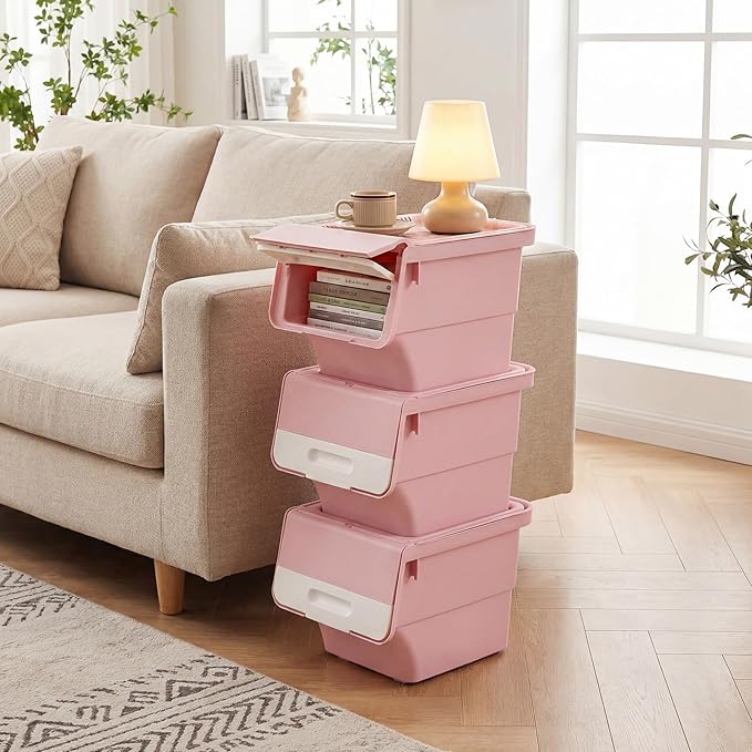 Giantex Plastic Stackable Storage Bins with Lids & Wheels, 3 Pack Open Front Stacking Bins, Organizer Bins for Pantry, Kitchen, Laundry, Closet, Playroom, Bedroom Organization (12.5 QT)