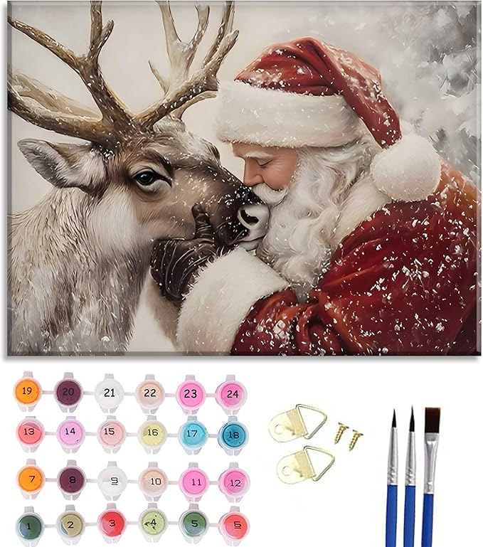 Paint by Number Kit for Adults & Kids, Santa and Reindeer Christmas DIY Painting Kit with Brushes, Paints & Hanging Kit, 16x20 Inch Canvas, Holiday Gift & Home Decor Art Project Framed