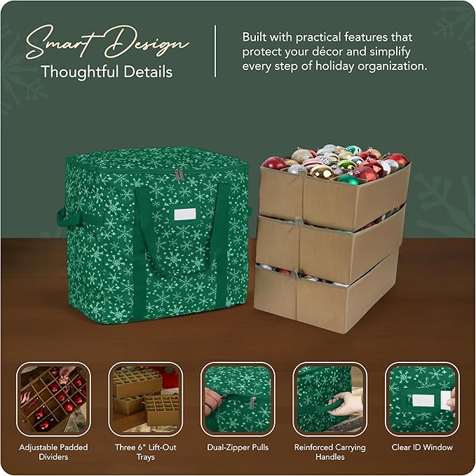 Covermates Keepsakes Adjustable Ornament Storage Bag – Heavy-Duty Polyester, Padded Dividers & FlexGrid Trays – Protective Holiday Ornament Organizer with Handles & Label Window, Green Snowflake