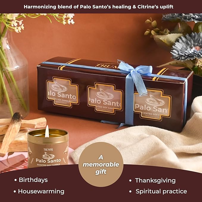 Palo Santo Candle for Home - Highly Scented with Citrine Crystals - Pack of 3 x 5oz Soy Wax Organic Non Toxic for Aromatherapy Relaxation Meditation - Room Decor for Men - Pet Safe Candel