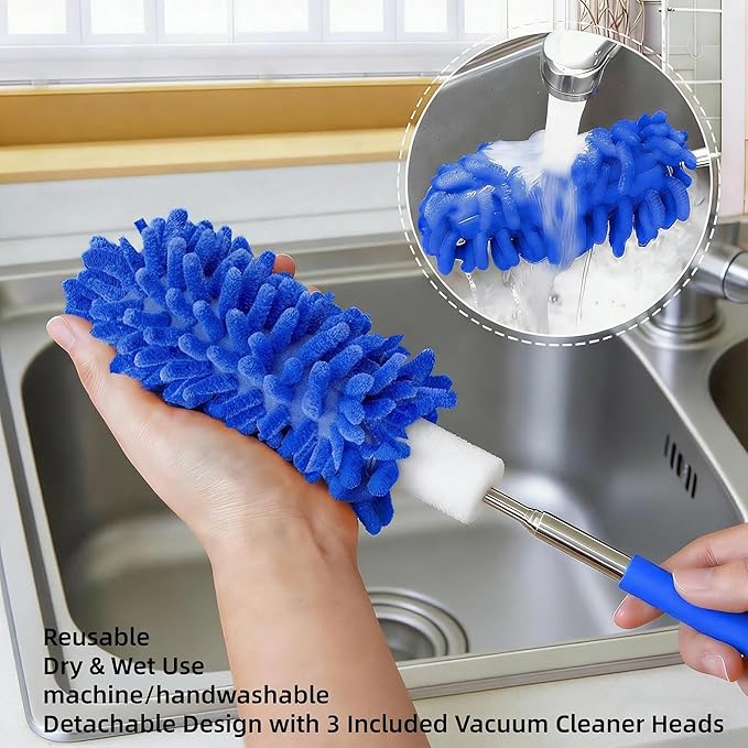 Microfiber Duster for Cleaning, GMLKRY Hand Washable Dusters with 3pcs Replaceable Microfiber Head, Extendable Pole, Detachable Cleaning Supplies for Office, Car, Window, Furniture (Blue)